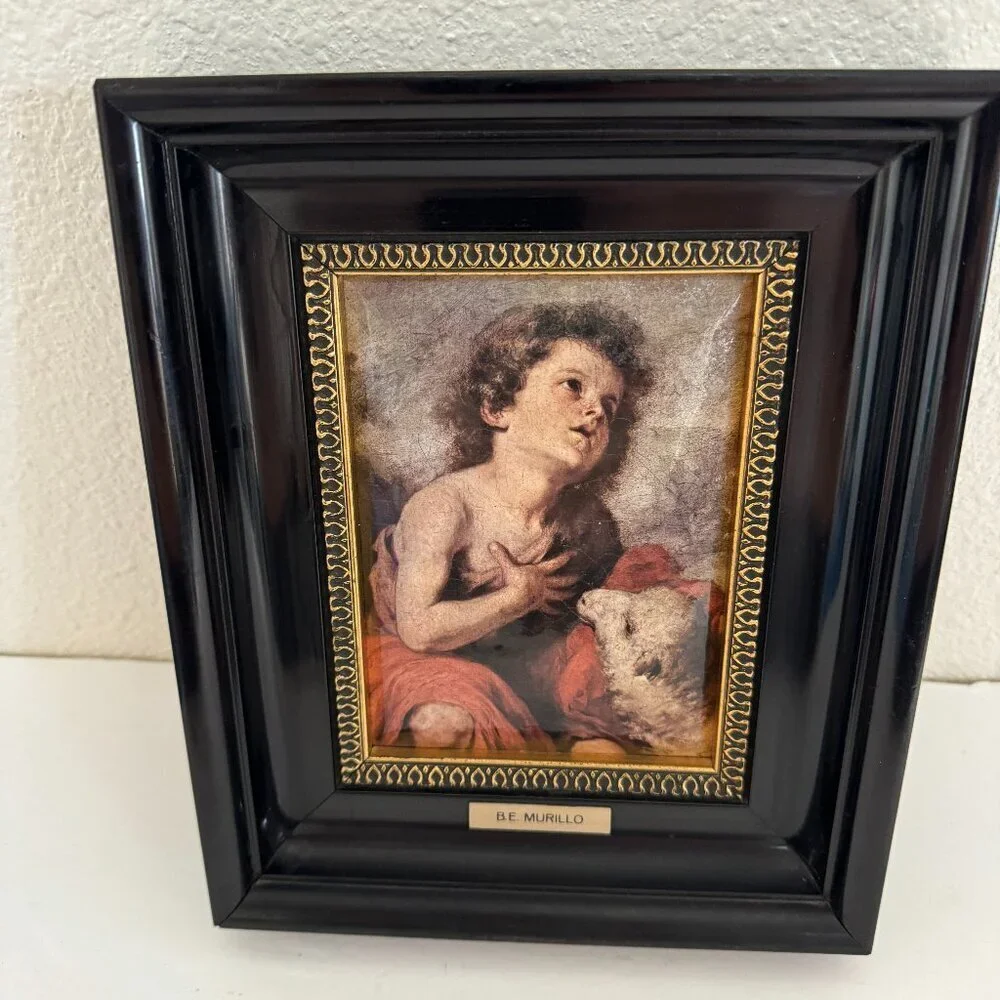 Vintage B.E.Murillo Art  St.John The Baptist Child  Convex Wooden Frame